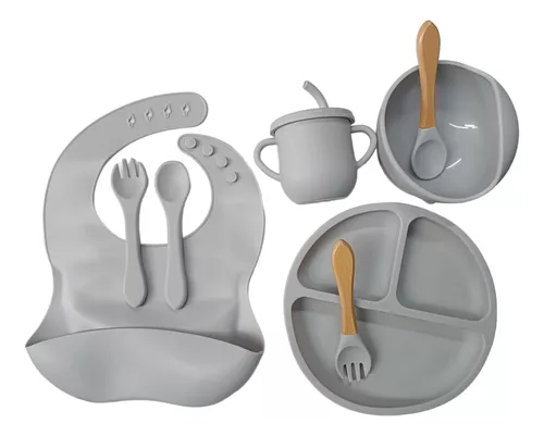 Vajilla Silicona,WELIKERA 7piezas sin BPA suministros de platos para bebes, Plato de Silicona Adherible dividido,babero ajustable y cuchara suave y  folk y taza,juego de alimentación para bebé : : Bebé