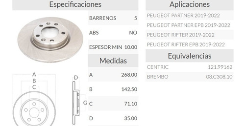 Disco Trasero De Freno Peugeot Rifter Epb 19-22
