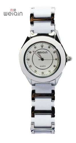 Imagen 1 de 10 de Reloj Weiqin Original Plateado Dama Unisex Ceramica Blanca Moda Movimiento Japones R40