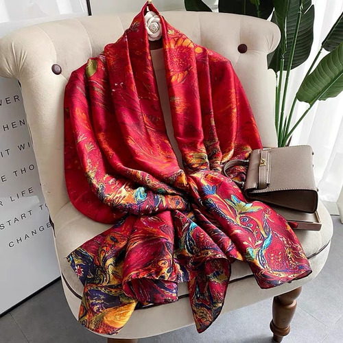 180 X 90 Cm, Bufanda De Seda Con Estampado Floral De Verano,