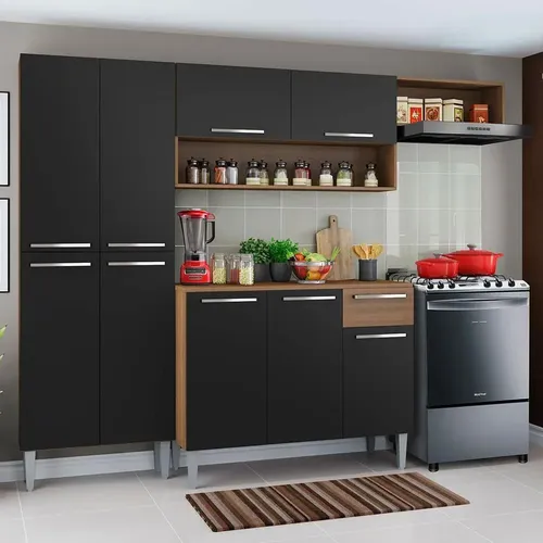 Armário De Cozinha Modulada Compacta Completa Madesa Emilly Top Com Armário E Balcão Cor Rustic/preto G200707k Marrom/preto