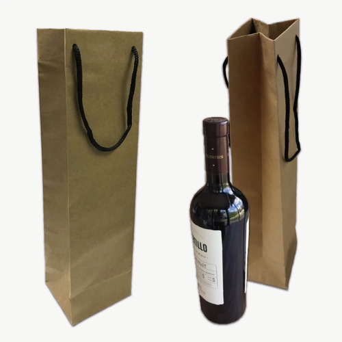 Bolsas De Papel Madera 1 Botella De Vino Pack X 50 U Manijas