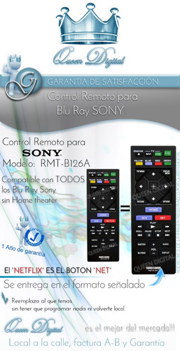 Control Remoto Para Sony Blu Ray Sin Home Rmt-b126a Bluray