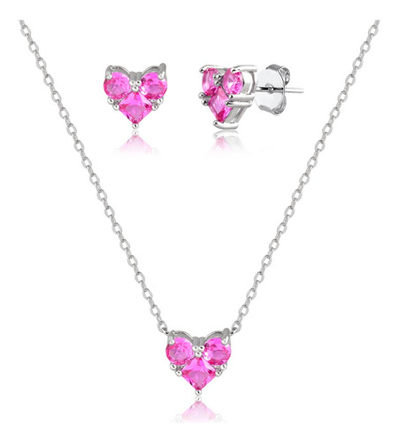 Conjunto Colar E Brinco Rosa Turmalina Com Ródio Branco