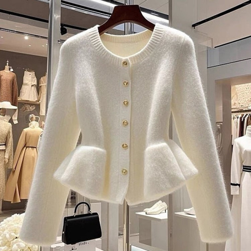 Elegante Cárdigan De Punto Con Ribete De Encaje Para Mujer,