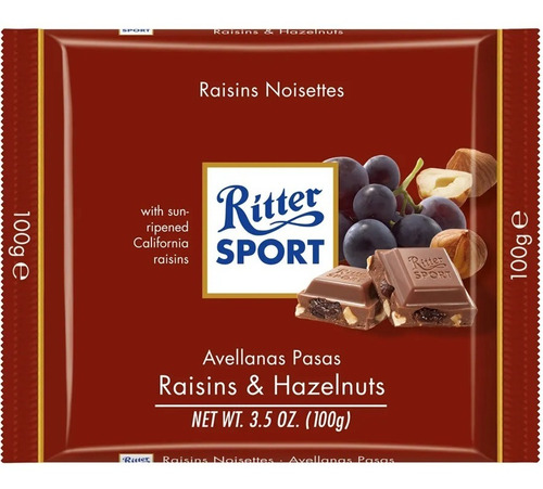 Tableta Chocolate Ritter Avellanas Y Pasas X100g Caja X12