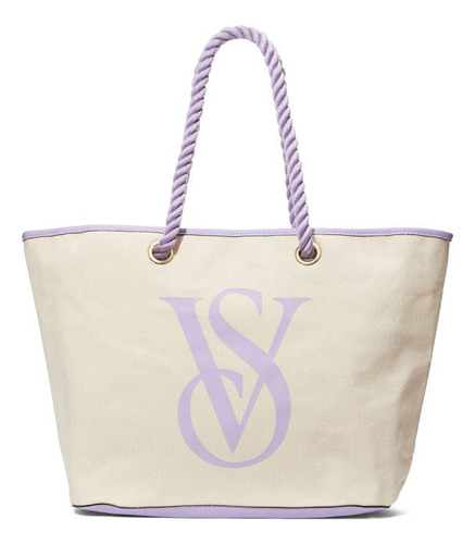 Victoria's Secret Bolsa De Praia Tote Com Logo Da Marca Acambamento dos ferragens Ouro Cor Palha Cor da correia de ombro Lilás Desenho do tecido Liso