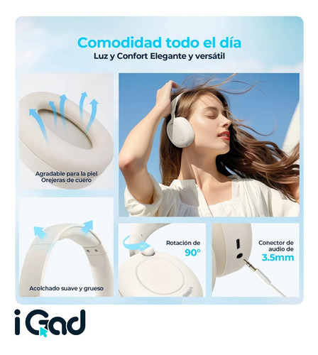 Audífonos Bluetooth 5.3 Igad Hi-res Inalámbricos Diadema Cancelación De Ruido Con Micrófono Y Cable Tipo C Beige