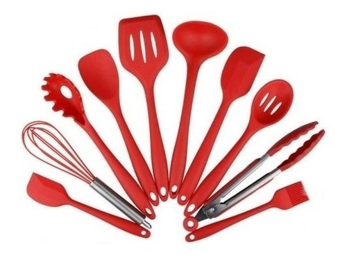 Kit 10 Utensílios Cozinha Silicone Maciço Colher Escumadeira