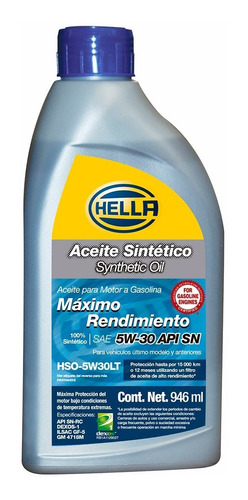 Aceite 5w30 100% Sintetico Api Sn 1 Litro Hella &