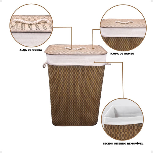 Cesto De Roupas Sujas Bebe Bambu Dobravel Banheiro Forrado Cor Bege Listras