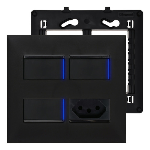 Interruptor 4x4 Preto 3 Teclas Led Com Tomada 20a Pial Plus