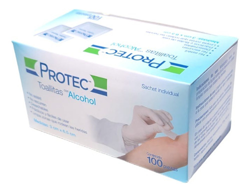 Toallitas Alcohol Protec 100 Piezas 3cm X 6.5 Cm