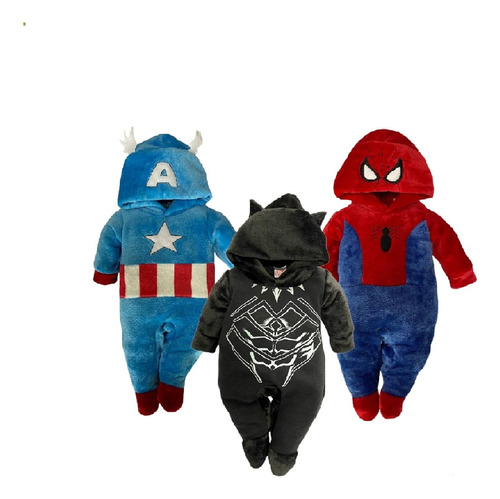 Kit 3 Mamelucos Marvel Capitán América, Black Panter, Spider