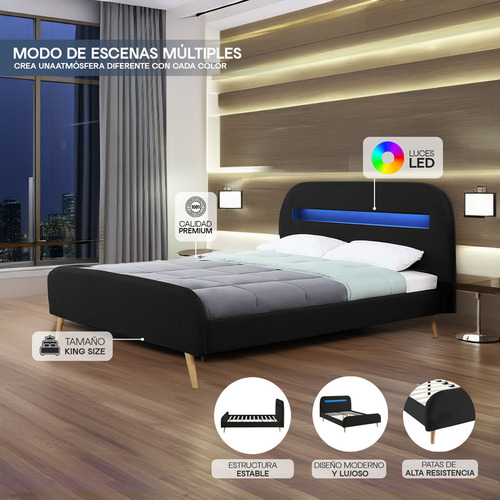 Cama King Size Moderno Luces Led Bossa Diamond Base Color Negro