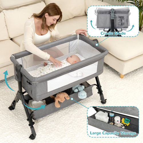Baby Bassinet Bedside Sleeper 3-in-1 W/ Wheels & Storage Gre
