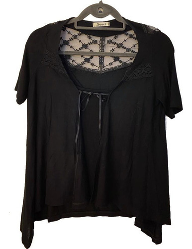 Blusa Negra Combinada Abierta Al Frente Con Lazo Sweet 