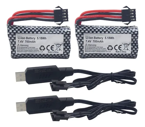 Pack De 2 Baterías De Litio 7.4V 700mAh Con Conector SM-4P Y Cable USB Para Coches RC, Barcos, Camiones Y Pistolas De Gel M416, AUG Y Más