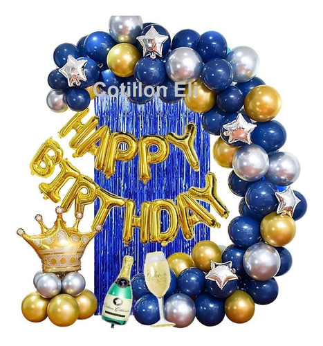 Combo Cumple Azul Dorado Cortina Globos Confetti Corona 