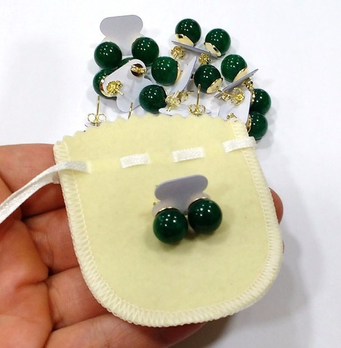Par Brincos Esferas 8mm De Pedra Jade Verde Folheados A Ouro