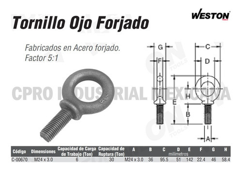 Tornillo Ojo Forjado M24 X 3.0 Acero Forjado Weston