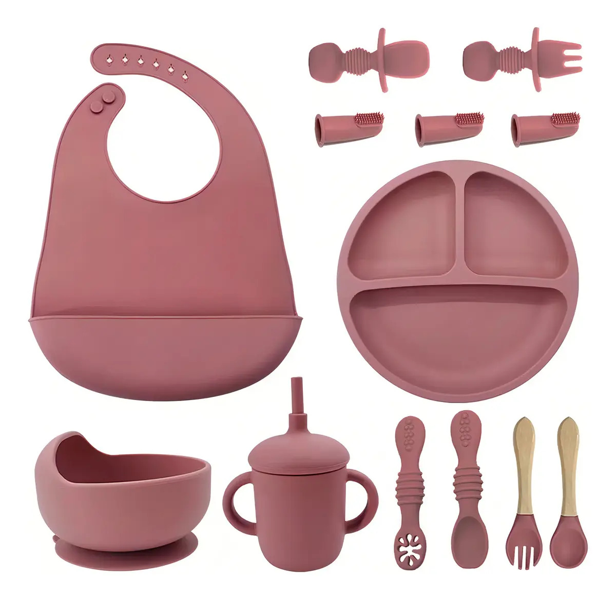 Banna 13 Piezas Juego de Cubiertos de Silicona para Bebé Platos con Tazón Cuchara Tenedorplato con Ventosas Baberos Ajustable Rosa profundo BT4X- wdk-13pcs