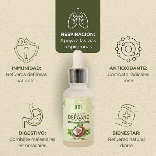 Ore Aceite De Oregano Y Coco 100% Natural Organico 30 Ml