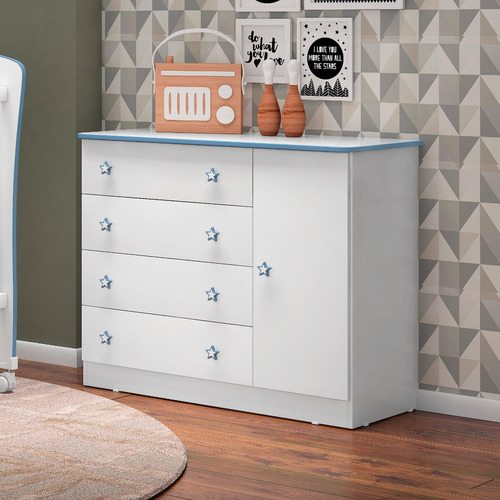 Jogo De Quarto Bebê Cômoda Com Guarda Roupa 3 Portas Azul