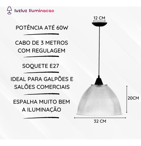 Kit C/7 Luminária Galpão Industrial 12 Poleg. Fb Cabo 3 Met