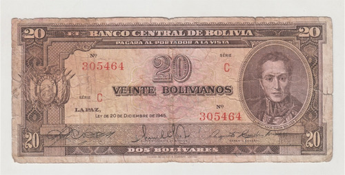 Billete Bolivia 20 Bolivianos 1945 Córdova Saravia Cuadros 