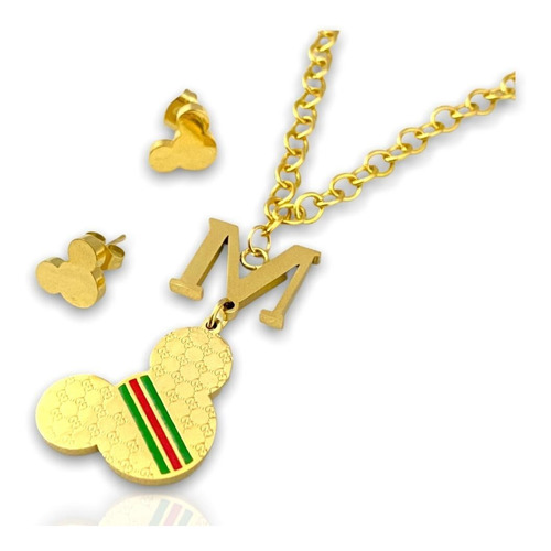 Juego De Collar Y Aretes Micky Mouse Dorado Acero Inoxidable
