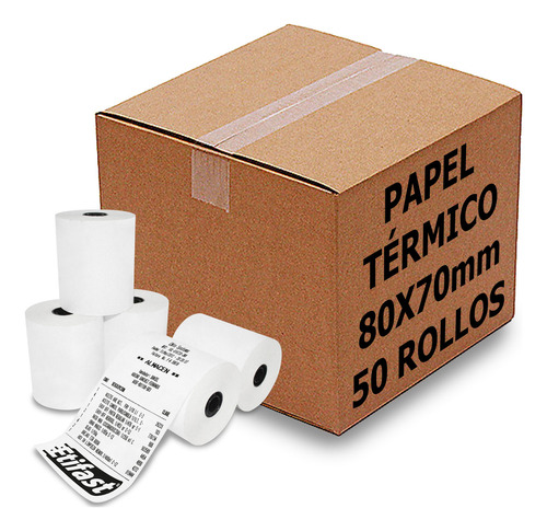 50 Rollos Papel Térmico 80x70 Impresora 80mm Negro Con Iva Color Blanco