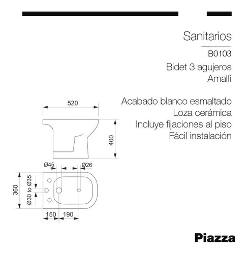Imagen 2 de 6 de Bidet Santiario Piazza Amalfi Diseño Baño Loza 3 Aguj