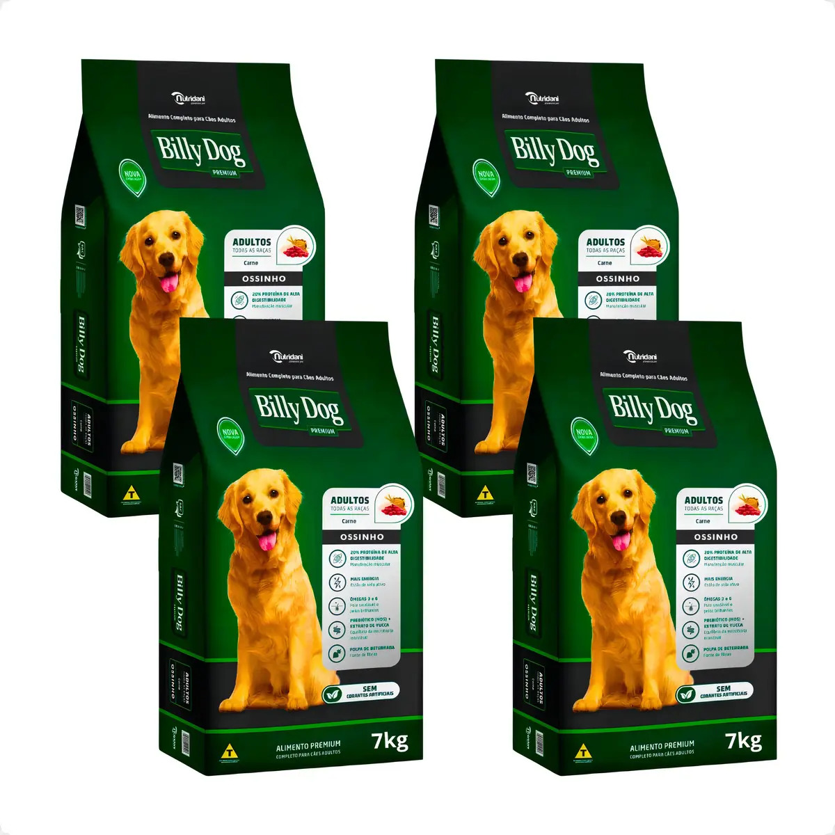 4 Ração Para Cães Adultos Billy Dog Sabor Carne Ossinho 7kg