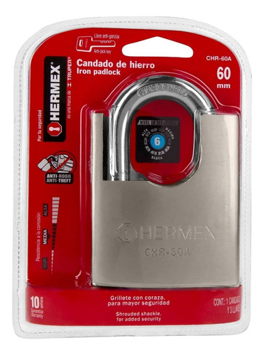 Candado 60 Mm De Hierro, Llave Anti-ganzua - Hermex