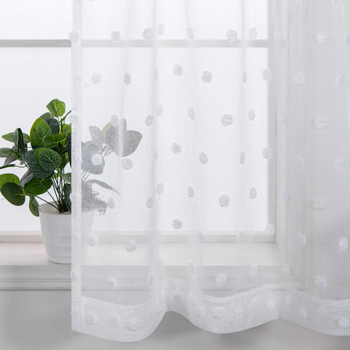 Cortinas Cortas Traslucidas Diseño De Pompones Color Blanco