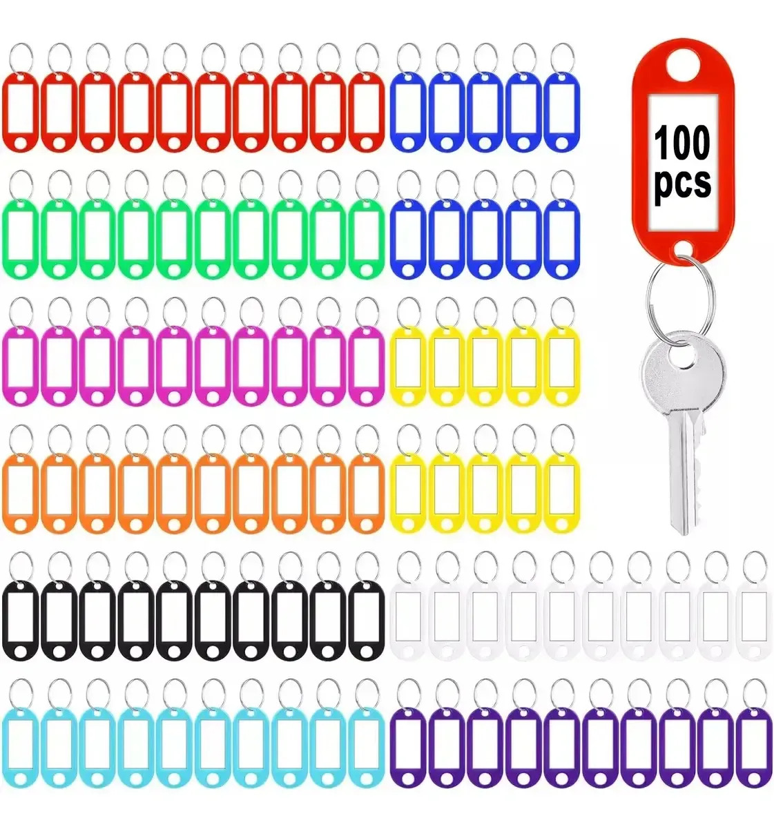 Tzawhst 100 Piezas Llaveros Porta Etiqueta Identificación con Anilla Metálica - 10 Colores Mezclados, Plástico Resistente, para Llaves, Maletas, Mochilas, Escuela y Oficina