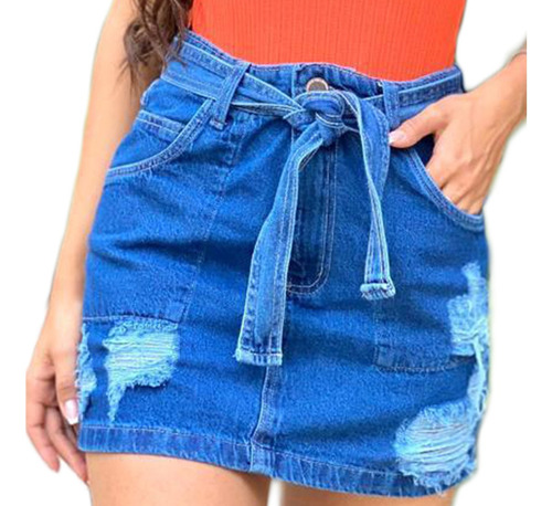 Saia Jeans Cintura Alta Curta Bainha Cinto Jeans Rasgada