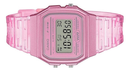 Reloj pulsera Casio Collection F-91 de cuerpo color rosa, digital, fondo gris, con correa de resina color transparente y rosa, dial negro, minutero/segundero negro, bisel color rosa y hebilla simple