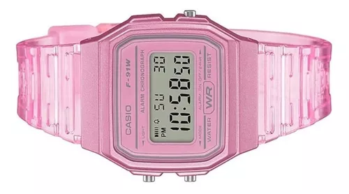 Reloj pulsera Casio Collection F-91 de cuerpo color rosa, digital, fondo  gris, con correa de resina color transparente y rosa, dial negro,  minutero/segundero negro, bisel color rosa y hebilla simple