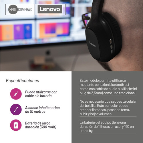 Imagen 5 de 5 de Auricular Inalambrico Bluetooth Vincha Plegable Lenovo Hd300