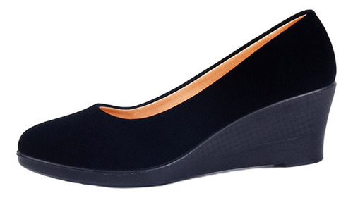 Zapatos Negros De Tela Para Mujer, Inclinados, Con Tacón Tra