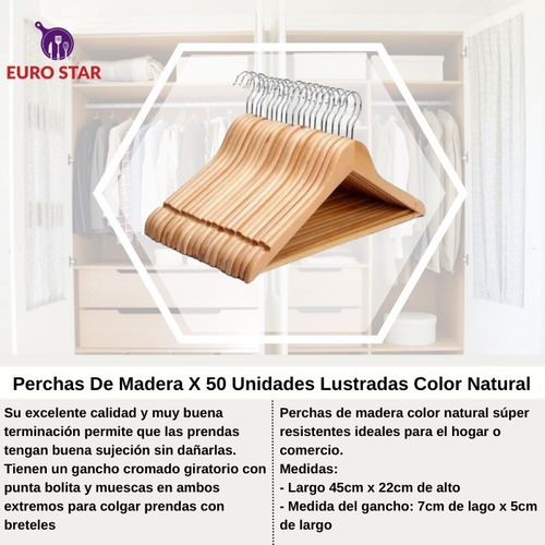 Perchas De Madera X 50 Unidades Lustradas Color Natural Natural