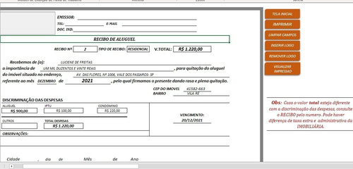 Sistema Recibos De Aluguel E Controle De Imoveis! Excel Vba!