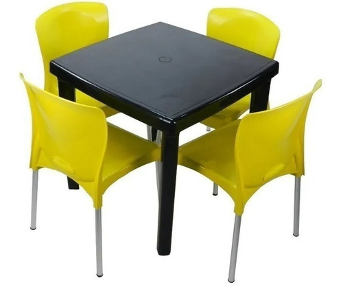 Conjunto 1 Mesa Quadrada E 4 Cadeiras Com Pés De Alumínio Cor Preto E Amarelo