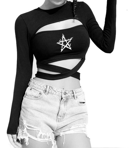 Imagen 1 de 5 de Top Manga Larga Escote Estampa Enlazado Punk Gótico Metal