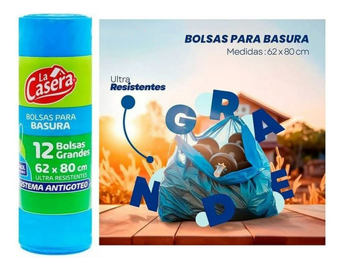 Bolsas Para Basura La Casera Grande 12pz 62x80cm 50 Litros