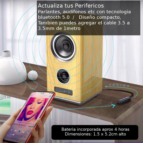 Imagen 3 de 9 de Receptor Bluetooth 5.0 P' Audífonos Pc Smartphone Parlante