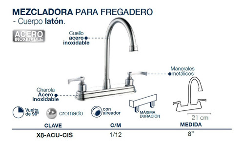 Imagen 2 de 3 de Llave Mezcladora Fregadero O Tarja Cocina Cromado Rehilete