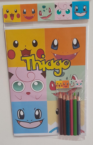 Libro P/ Colorear Personalizado + 6 Lapices Pikachu Pokemon